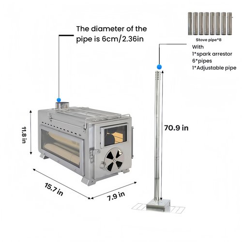 Dandelion shell Portable Camping Wood Stove with View Glass and Cooking Function, 8 Stainless Steel Chimneys for Shelter, Hunting, Outdoor Cooking, and Heating (304 Stainless Steel)
