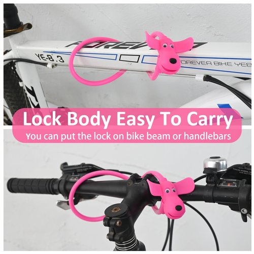 WOOQOTT Bike Cable Lock with Keys,Silicone Covered Kids Cable Lock Cartoon Lock,2 Feet Lock for Bike,Door,Skateboard,Helmet and More (Pink, Large)
