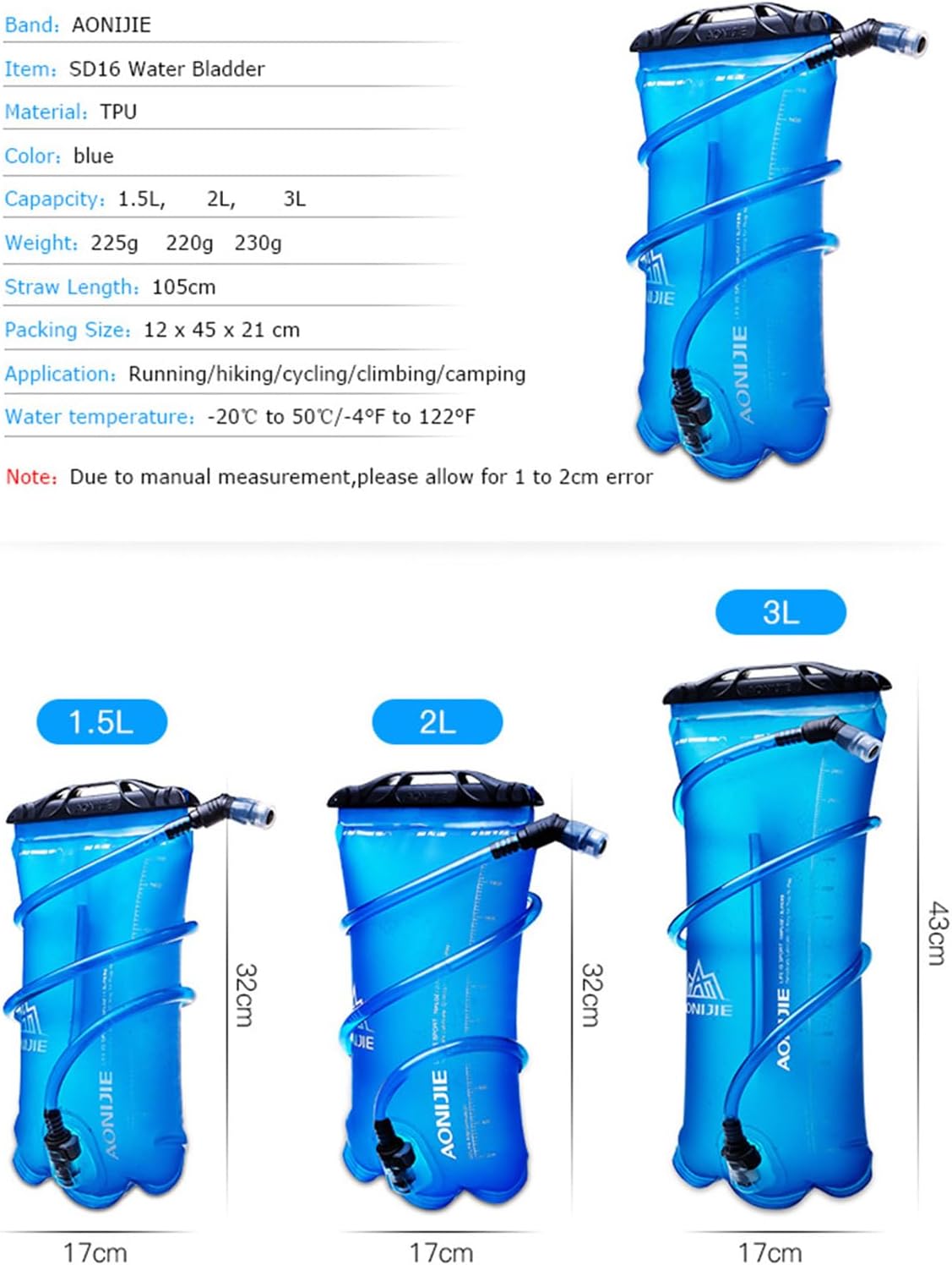 AONIJIE 1L/ 1.5L/ 2L/3L Folding Riding Running Water Bag Outdoor Mountaineering Backpack Drinking Bag (1.5L-TPU)