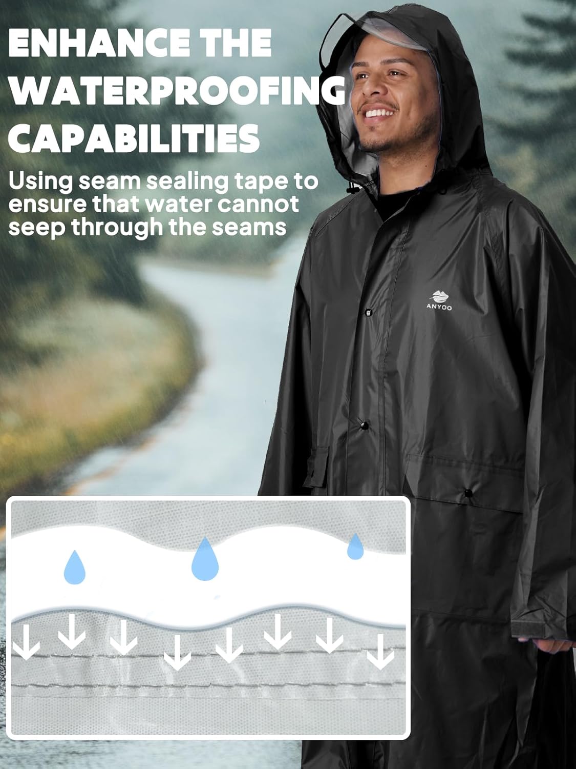 ANYOO Hood Rain Poncho Waterproof Lightweight Raincoat for Men Women Adult with Pocket for Hiking Camping Outdoor Activities