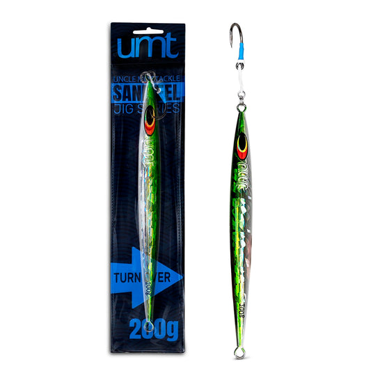 Uncle Mo Tackle - 200g Sand EEL Fishing Jig, Green & White - Advanced for Saltwater Offshore - Single Pack