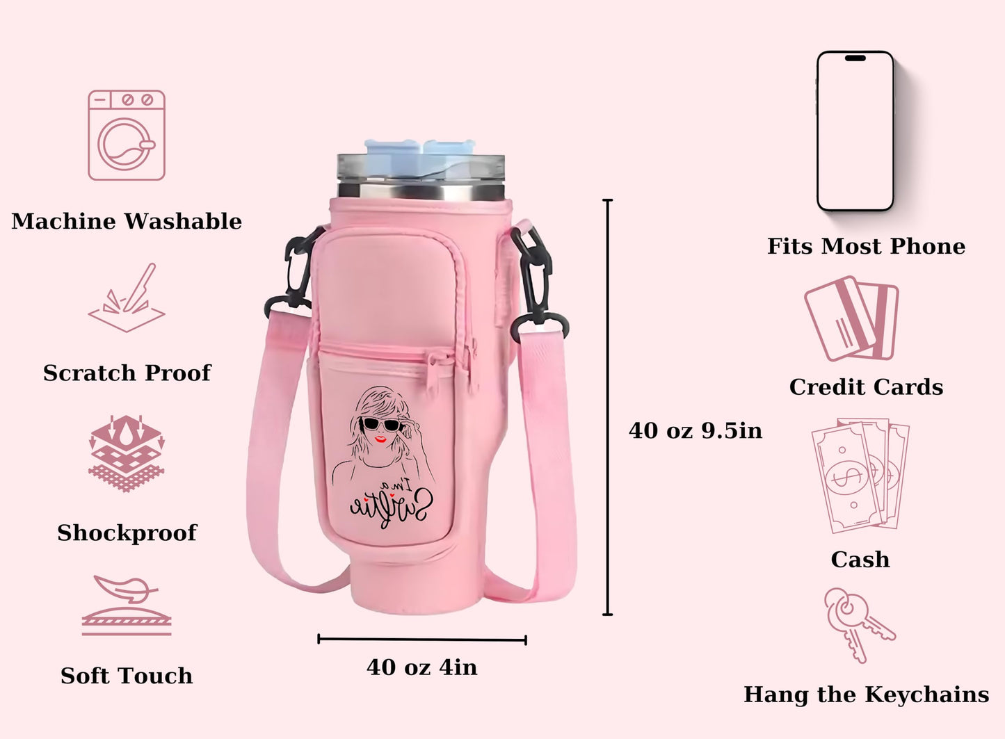 Fans Water Bottle Carrier Bag with Phone Pocket Compatible With Stanley 40 oz with Adjustable Strap & Straw Cover for Gift and Watter Bottle Accessories