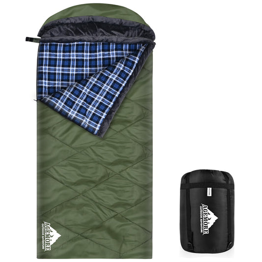 AGEMORE Cotton Flannel Sleeping Bag with Fleece Lined Hood, Waterproof XL Sleeping Bag for Adults, for Cold Weather Camping Backpacking or Hiking, 3-4season with Compression Sack