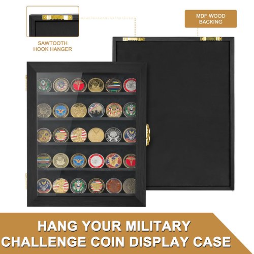 Military Challenge Coin Display Case 11x14IN, Medal Shadow Box with HD Acrylic Glass, Removable 2 Groove Shelves, Wall Mount Coin Collection Holder for Casino Poker Chips Exquisite Souvenirs