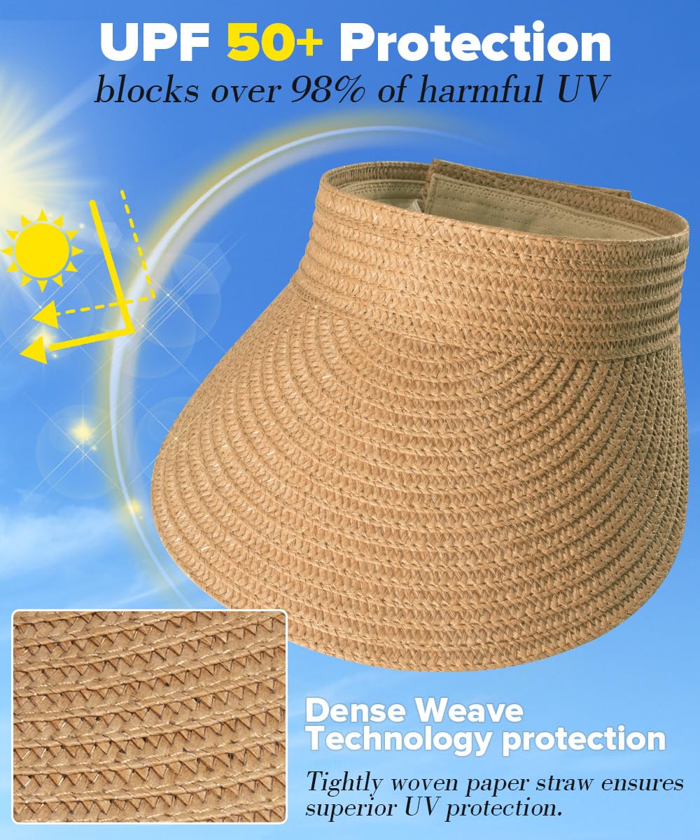 EW EastWater Beach Sun Visor Hats for Women, Wide Brim UPF50+ Sun Protection Straw Hat Packable Foldable for Summer Khaki