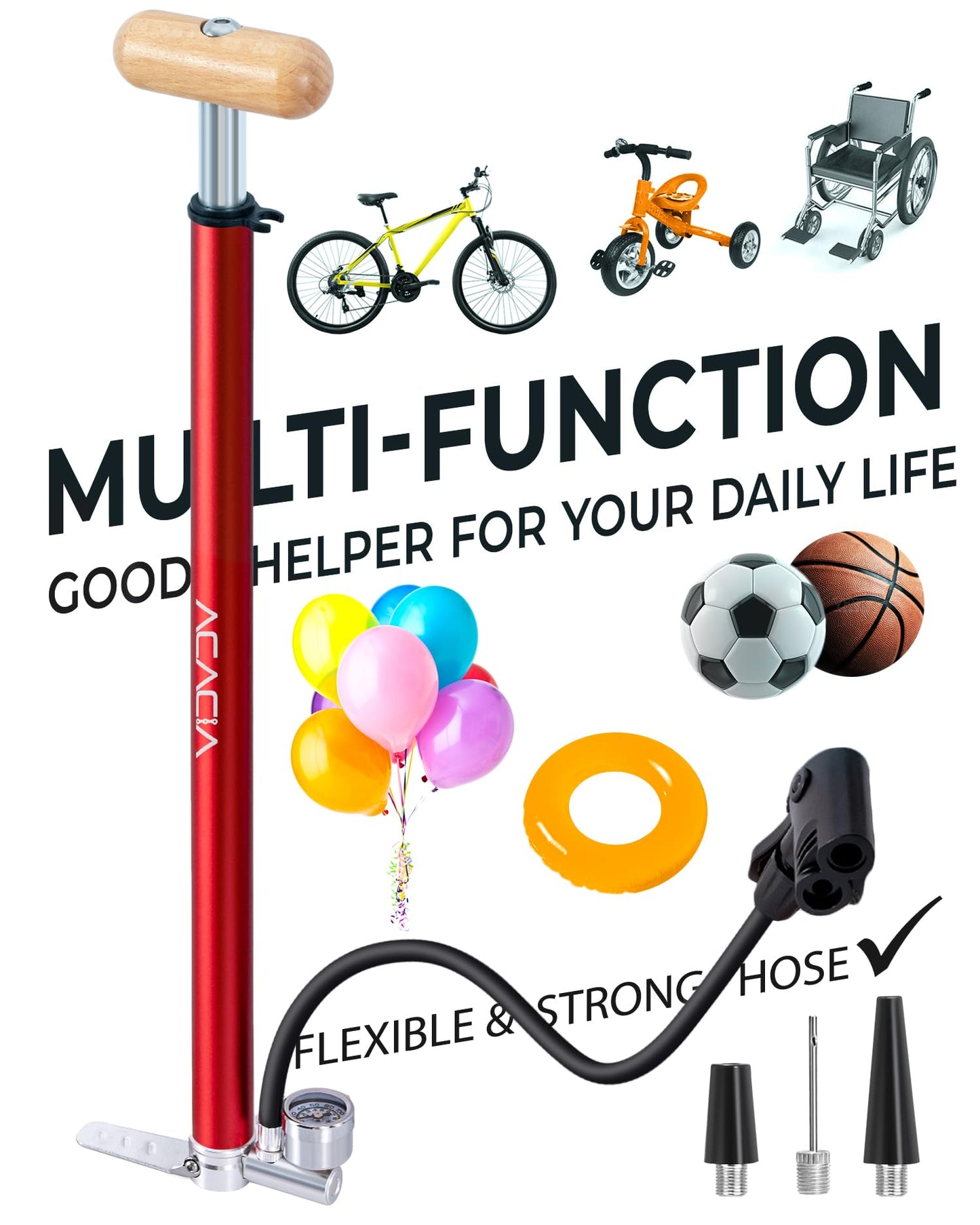 ACACIA Bike Floor Pump with Gauge Fits Presta and Schrader Valve