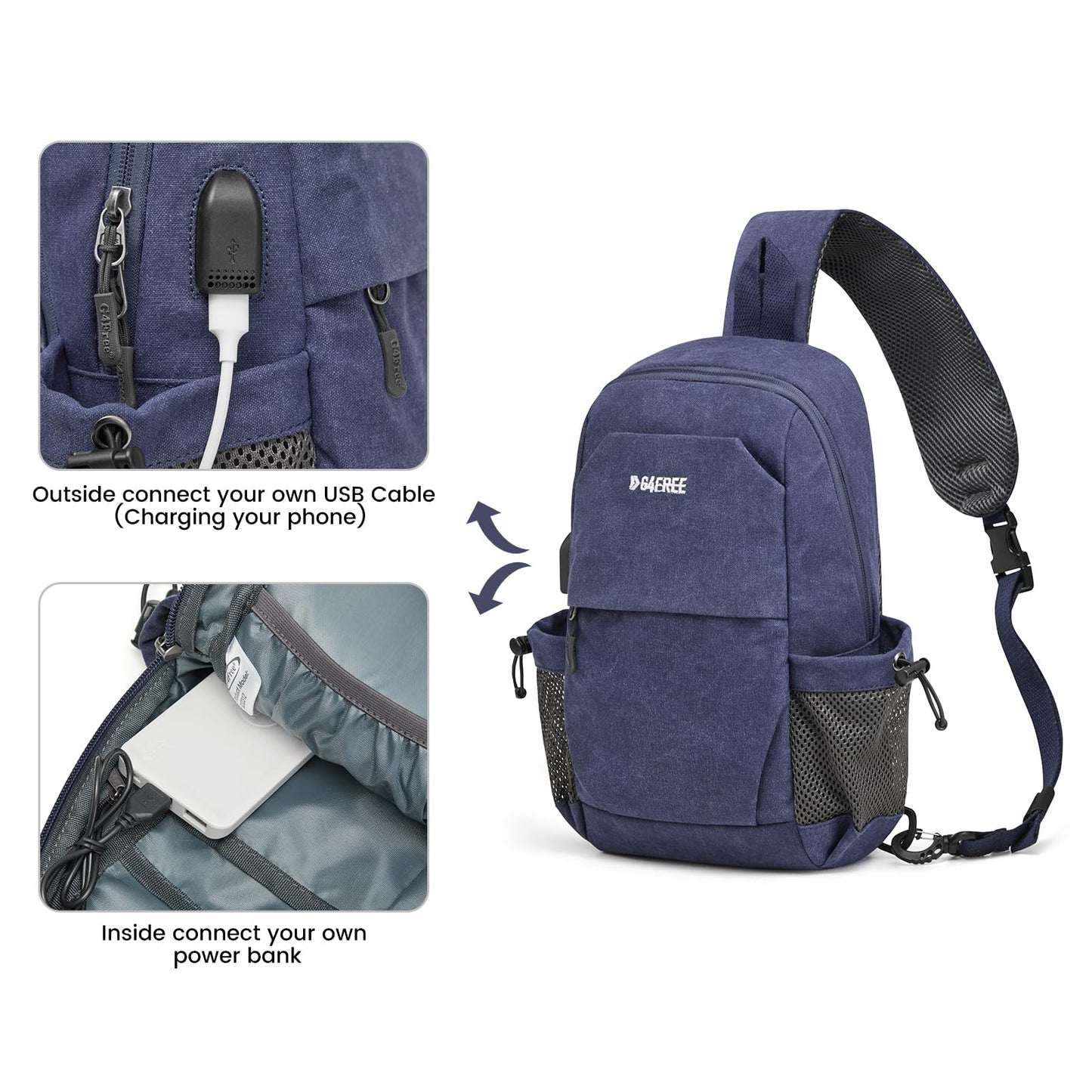 G4Free Canvas Sling Bag Crossbody Backpack Shoulder Bag for Men Women with Anti-theft Pocket & USB Charge Port (Dark Blue)