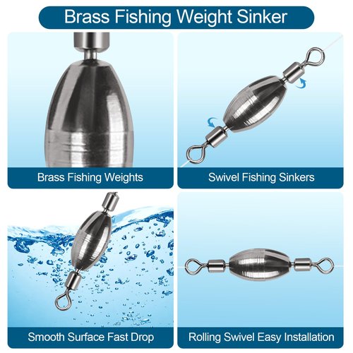 MYLPRETALE 34Pcs Fishing Weights Swivel Brass Sinkers Fishing Weight, Bullet Sinker Weight Kit Tackle, Rolling Swivel Saltwater Freshwater Drop Shot Weights
