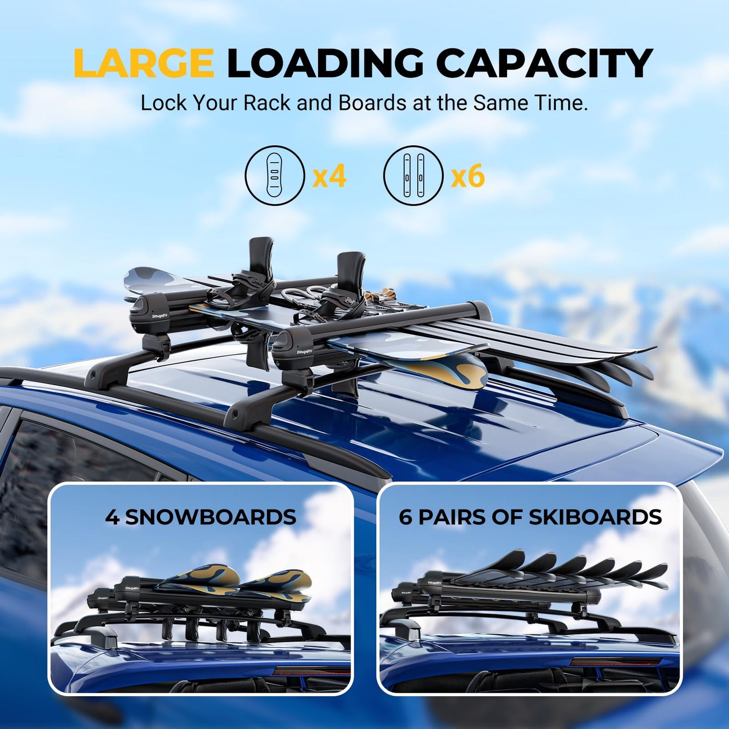 BougeRV Lockable Ski & Snowboard Racks, Extension with Sliding Feature, 28'' Fits 6 Pairs Skis or 4 Snowboards, Crab Mounting System Fits for Square/Aero/Oval Cross Bars (Black)