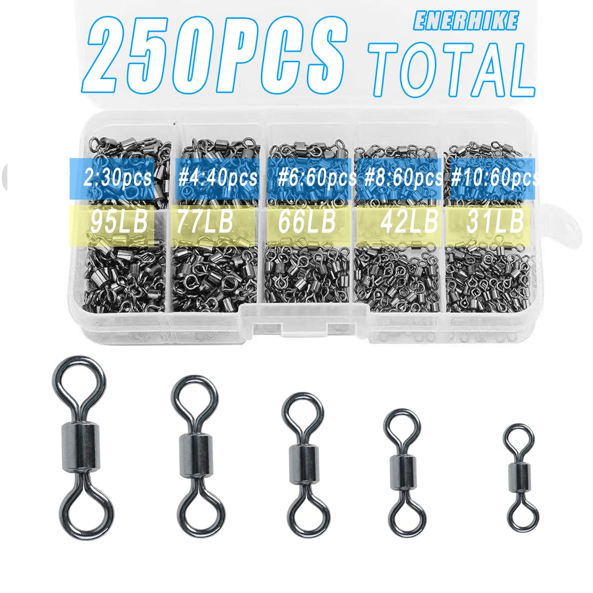 ENERHIKE 250pcs Fishing Swivel Rolling Barrel Swivel Stainless Steel Swivels Corrosion Resistance Black Nickle Connector for Freshwater Saltwater Fishing Tackle #2#4#6#8#10