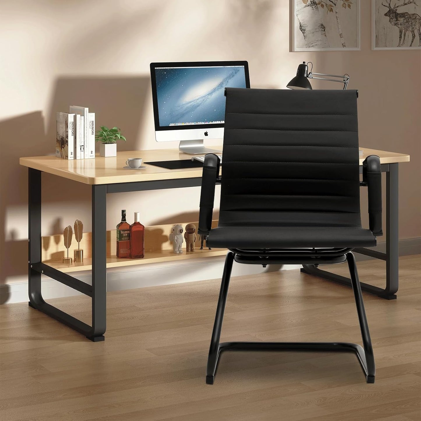 Athena Collection Desk Chairs No Wheels Set of 2, Office Guest Chairs with Sled Base Mesh Back Armrest, Side Reception Armchairs for Reception Conference Waiting Room, Black