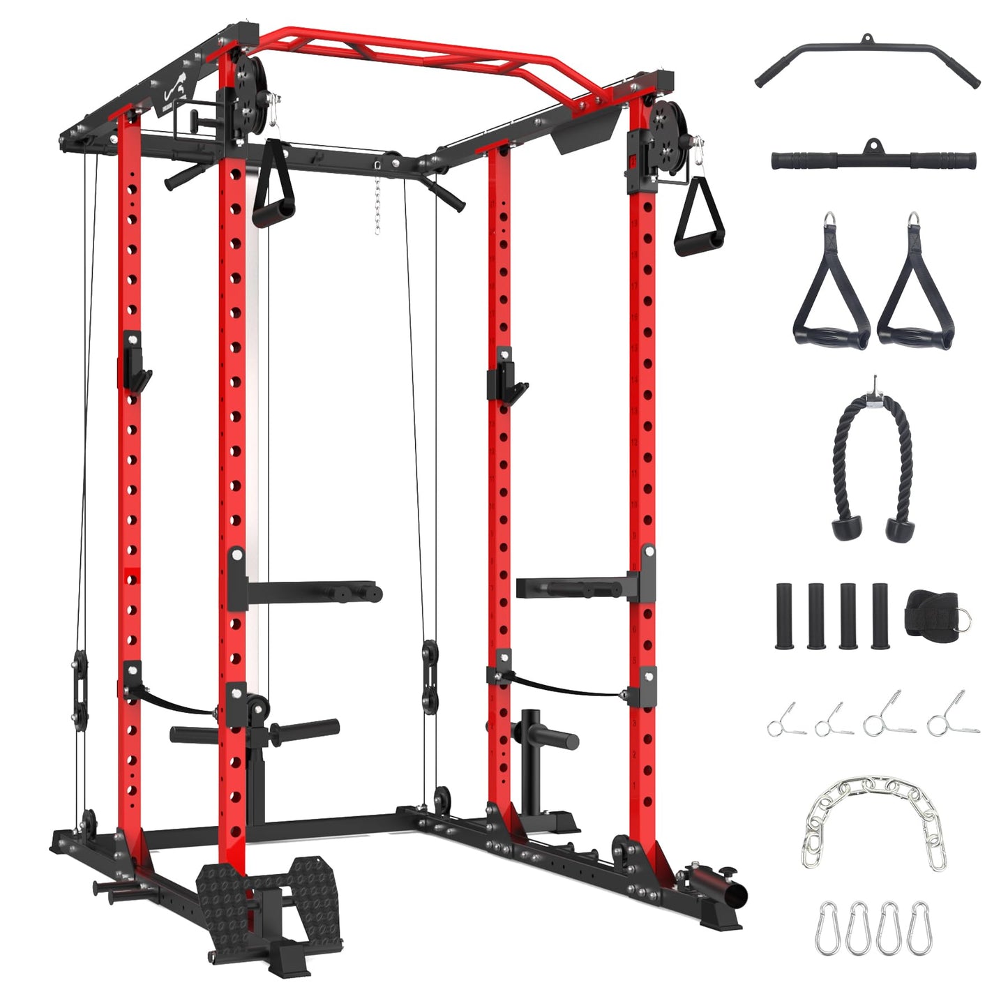 GaveeLife Power Cage, 2000 LBS Power Rack with Cable Cross-Over System, Multi-Functional Strength Training Squat Rack with LAT Pull Down System, Home Gym Equipment with Training Attachment, Red