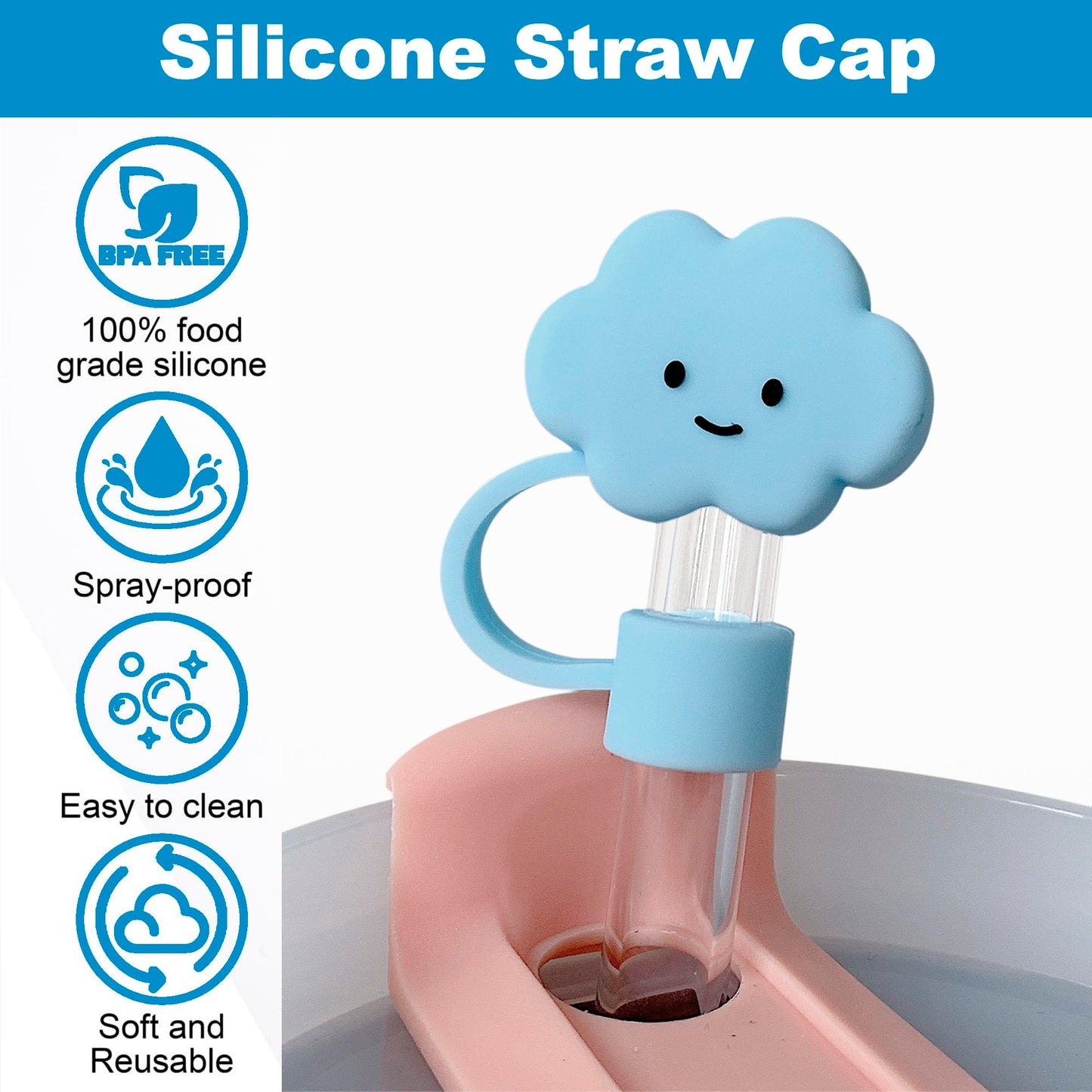 5 PCS Stanley Cup Accessories - Including Water Bottle Silicone Cup Boot for 30/40 oz Tumbler with Handle, 0.4in (10mm) Straw Toppers, Cute Handle Charms (Blue)