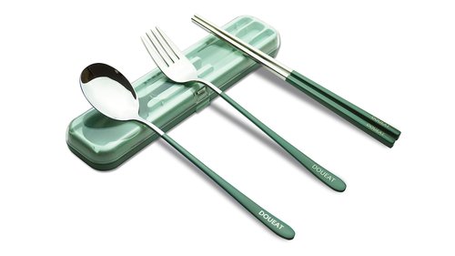 DOUEAT Portable Utensils Set Case with Fork, Spoon, Chopsticks; Reusable Stainless Steel Flatware; for Travel, Camping, School, Office Silverware Cutlery - Green