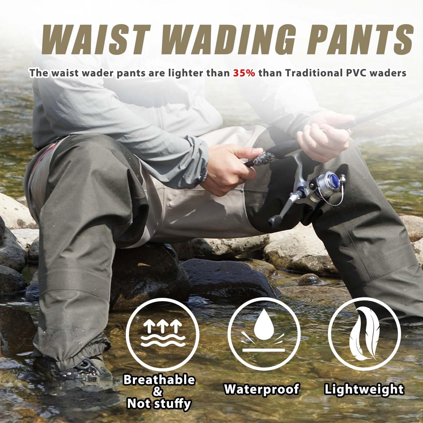 JUSTOOP Waist Wader Pants for Men and Women, 3-Ply Breathable Waterproof Fishing Waders with Pockets and Durable Stockingfoot, Size S Grey