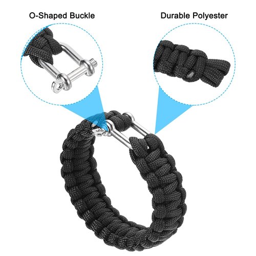 PATIKIL Survival Paracord Bracelets, 2 Pack Braided Bracelet with U-shaped Stainless Steel Buckle Party Favors Camping Gifts Outdoor Wraps for Men, Black