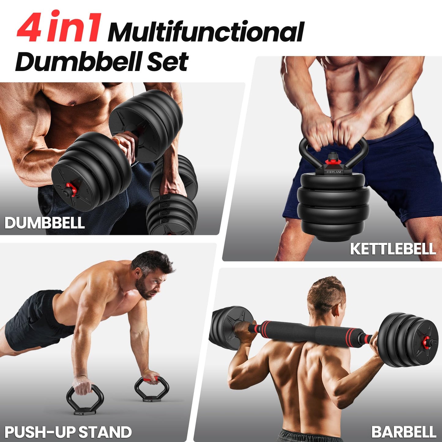 Adjustable dumbbell set, 55lbs Free Weights set with upgraded nut, 4 in 1 Weight Set Used as Kettlebells, Barbell, Push up Stand, Fitness Exercise for Home Gym Suitable Men/Women