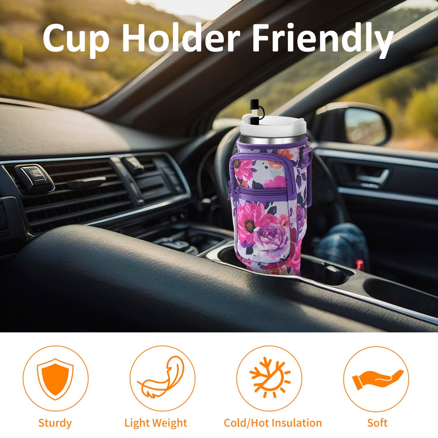 AceTreker 40 oz Stanley Tumbler Sleeve Bag with Paracord Handle & Straw Cap, Neoprene Vacuum Insulated Travel Mug Carrier Pouch with 2 Pockets & Shoulder Strap for Car Home Work-Purple Rose