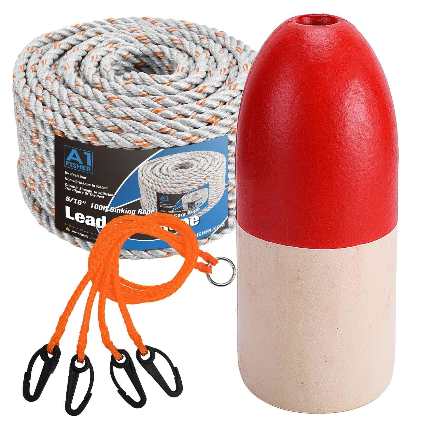 A1FISHER 5/16" Dia-100’ Leaded Core Rope with 13.8’’x5.9’’ Red/White Crab Trap Deep Water Float Buoy, 4 Arm Trap Harness Combo