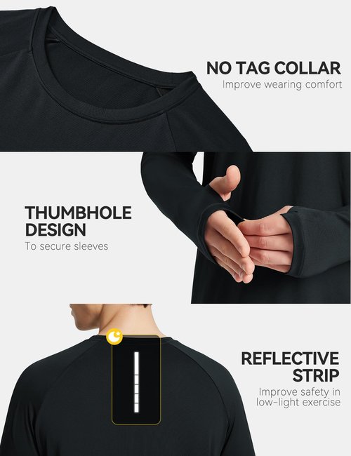 baleaf Men's Long Sleeve Running Shirts Sun Protection UV UPF 50+ T Shirts Workout Athletic Gym Quick Dry Zip Pocket Black XL