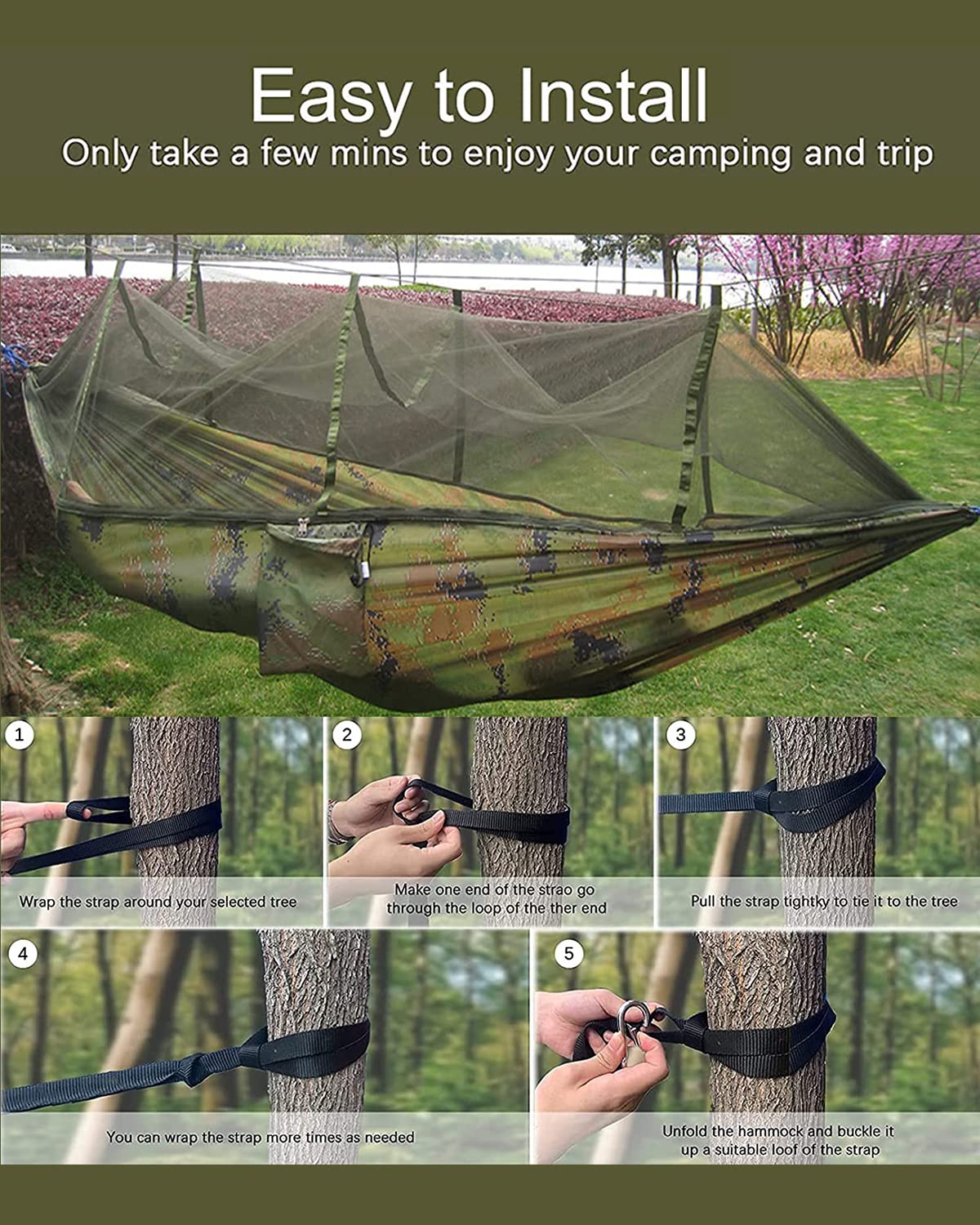 Fotgear Camping Hammock with Mosquito Net - Ultra Lightweight Durable Double/Single Travel Hammock 210T Parachute Nylon with Tree Straps 660lbs Capacity for Garden Camping Backpacking, Camo