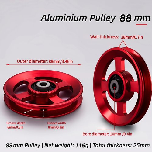 Gueiddi Aluminum GYM Pulley Wheel, Universal Aluminum Alloy Bearing Pulley Wheel for Cable Machine Gym Equipment Part Garage Door (Red 88-90mm)