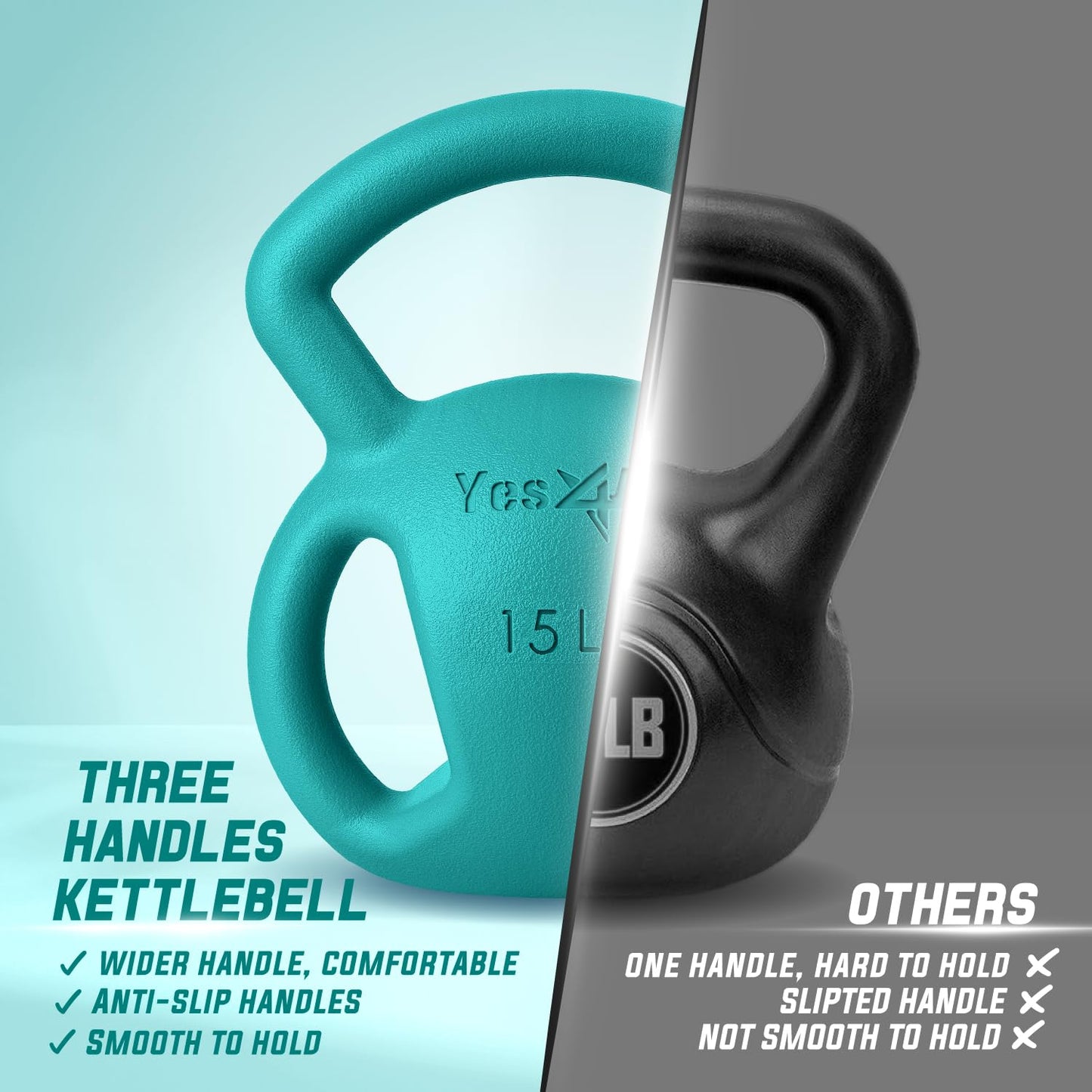 Yes4All Kettlebell 10&15lb Weight with Wide Multigrip Handle for Dumbbell Weights Exercises, Full Body Workout Equipment - 15lbs - Green