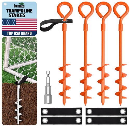 Eurmax USA Trampoline Stakes Screw in Tent Stakes Parts Heavy Duty for Canopies,4-Pack Outdoor Anchor Kit with Straps(Orange)