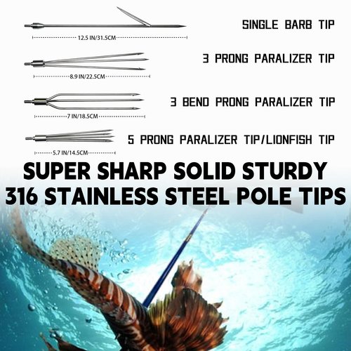 SINGMATOOLS Spearfishing Pole Hawaiian Sling Fishing Spear Set Fiberglass Pole Spear Harpoon Spearfishing Gear 3 Prong Paralyzer Tips 5.5'. Fish Stringer Travel Bag Included Spear Fishing Equipment