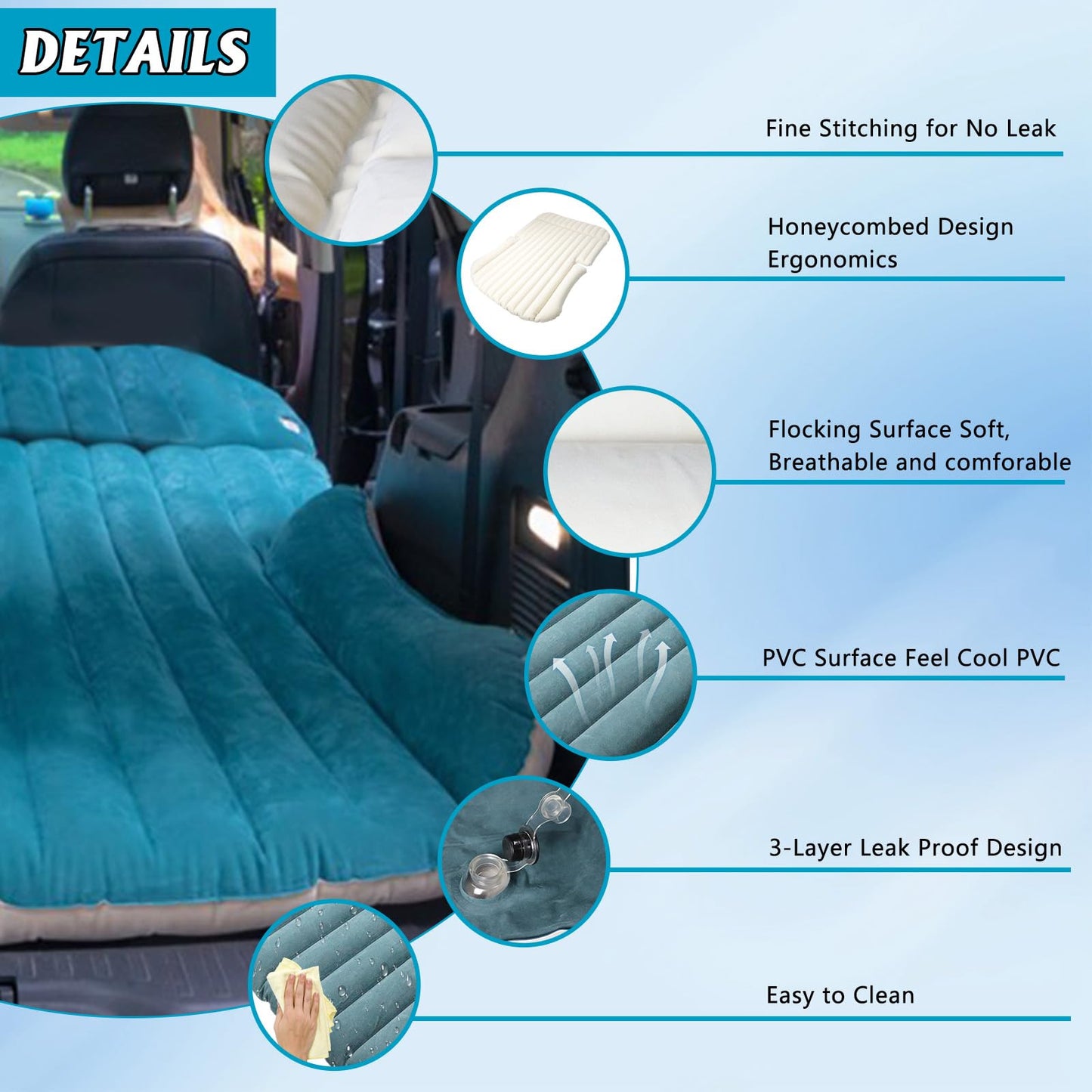 JESTMOTOR SUV Air Mattress Thickened and Double-Sided Flocking Travel Foldable Camping Bed for SUV Rear Seat and Trunk Camping Pickup Truck Bed Air Mattress, 76x51x4.7Inch (White Blue)