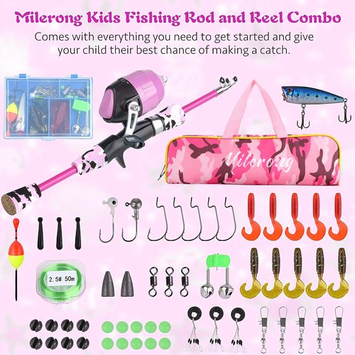 Milerong Kids Fishing Rod, Kids Toys Fishing Pole Portable Telescopic Fishing Rod and Reel Combo Kit for Boys, Girls, Youth - with Spincast Fishing Reel, Fish Tackles, Lures, Fish Lines [Pink]