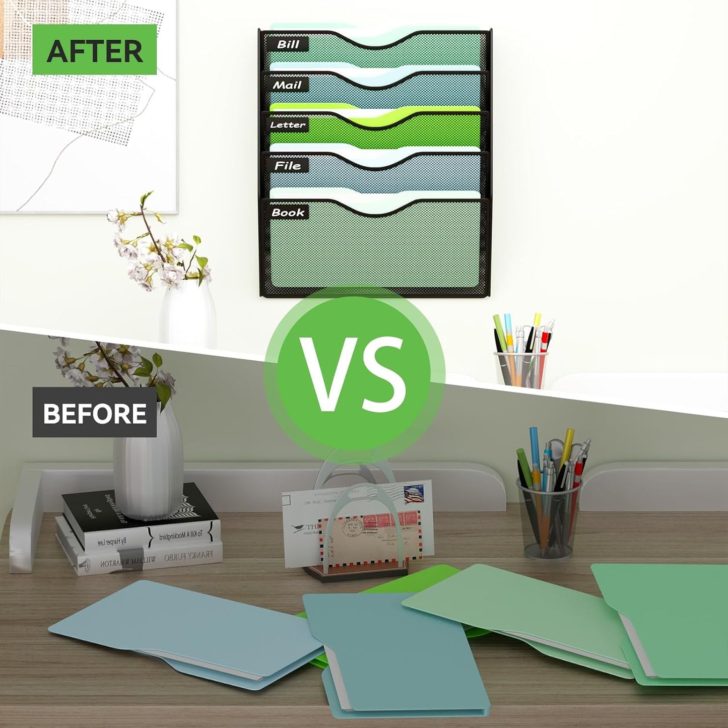 5 Pockets Mesh Hanging Wall File Holder Organizer Wall Mounted Paper Magazine Rack, Black