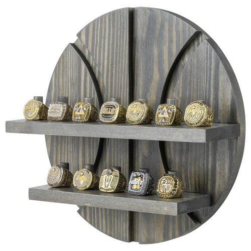 MyGift 2 Tier Basketball Ring Holder, Wall Mounted Championship Jewelry Display Case, Vintage Gray Wood Sport Rings Storage with 12 Pegs and Basketball Cutout Backing