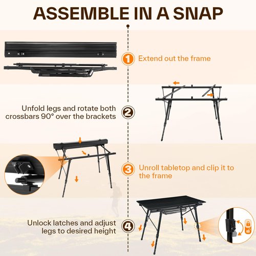 Sportneer Camping Tables That Fold Up Lightweight, Adjustable Height Aluminum Folding Table with Top Mesh Layer, Roll Up Camping Table for Outdoor Camp Picnic Beach RV Backyards Kitchen BBQ