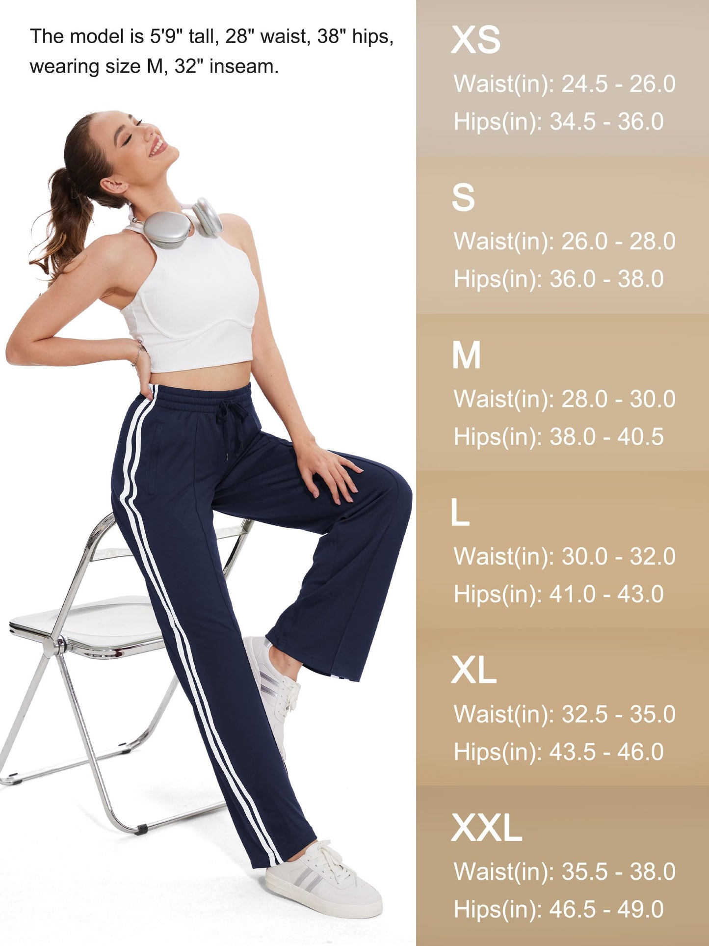 Tapata Extra Tall Woman 36" Inseam Stripes Sweat Pant High Waisted Drawstring Gym Exercise Lounge Joggers, Navy Blue, M