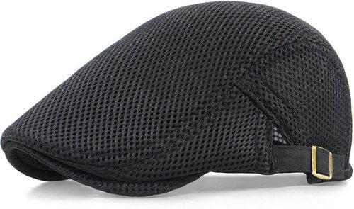 Xinveen Men's Mesh Cap Breathable Summer Newsboy Hat Adjustable Beret Ivy Cap Irish Cabbie Driving Hunting Hats Black