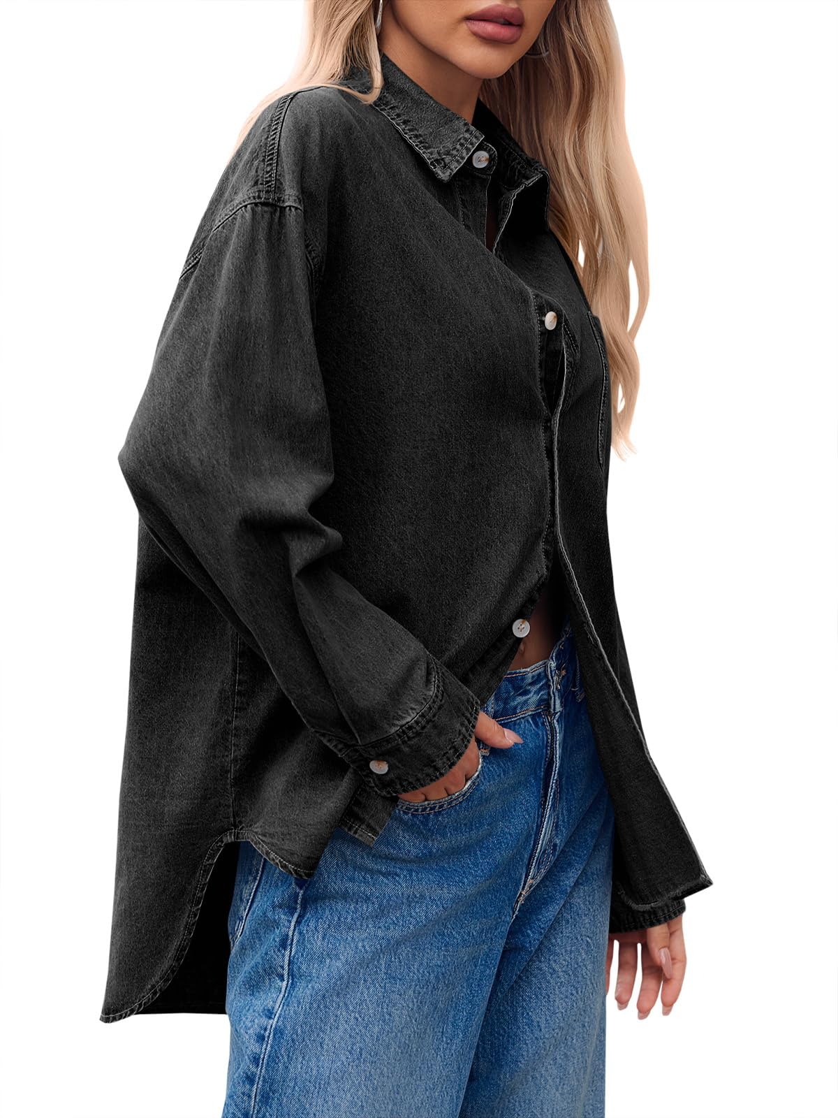 Cicy Bell Womens Oversized Denim Shirt Jean Jacket Button Down Shirts Long Sleeve Tops Trendy Shackets 2026 Spring Fashion Outfits Clothes Black