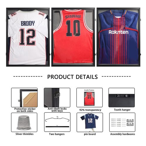 PKHROR Jersey Frame Display Case 2 Pack - Large Lockable Sports Jersey Frame Shadow Box with Uv Protected Acrylic and Hanger for Baseball Basketball Football Soccer Hockey Sport Shirt Linen Black