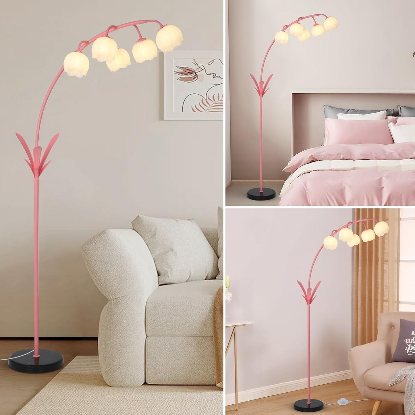 HMVPL Arc Floor Lamp for Living Room, Flower Floor Lamp with 5 G9 LED Bulbs, Foot Switch, Green Floral Standing Lamp with Acrylic Shade, Curved Tall Lamp for Living Room Bedroom Corner Kids Reading