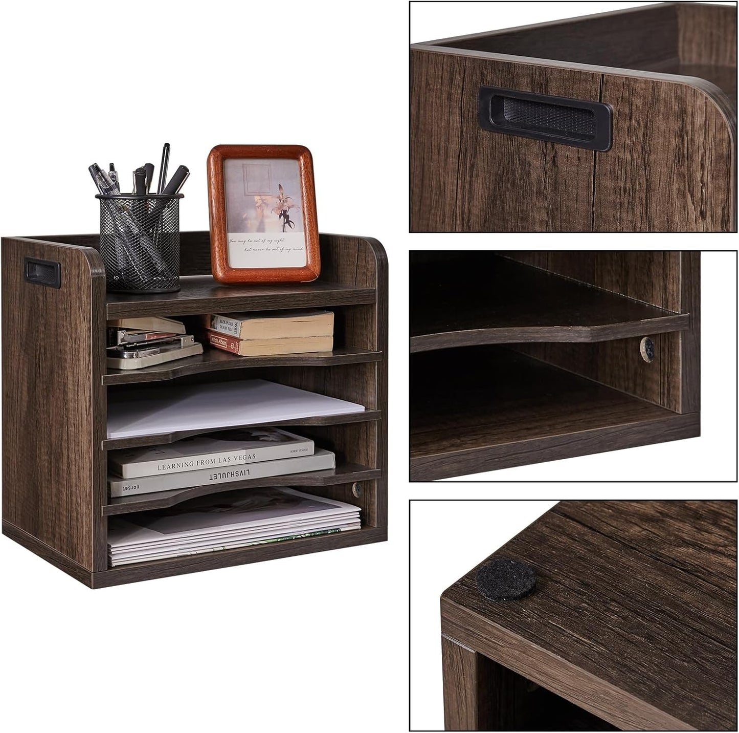 YMYNY Desktop File Organizer with Handle, Document Letter Mail Tray Sorter with 3 Adjustable Shelves, 5 Tiers Paper Holder for School Home Office Desk, Rustic Brown,13.4 * 12.4 * 9.06" UHBC006H