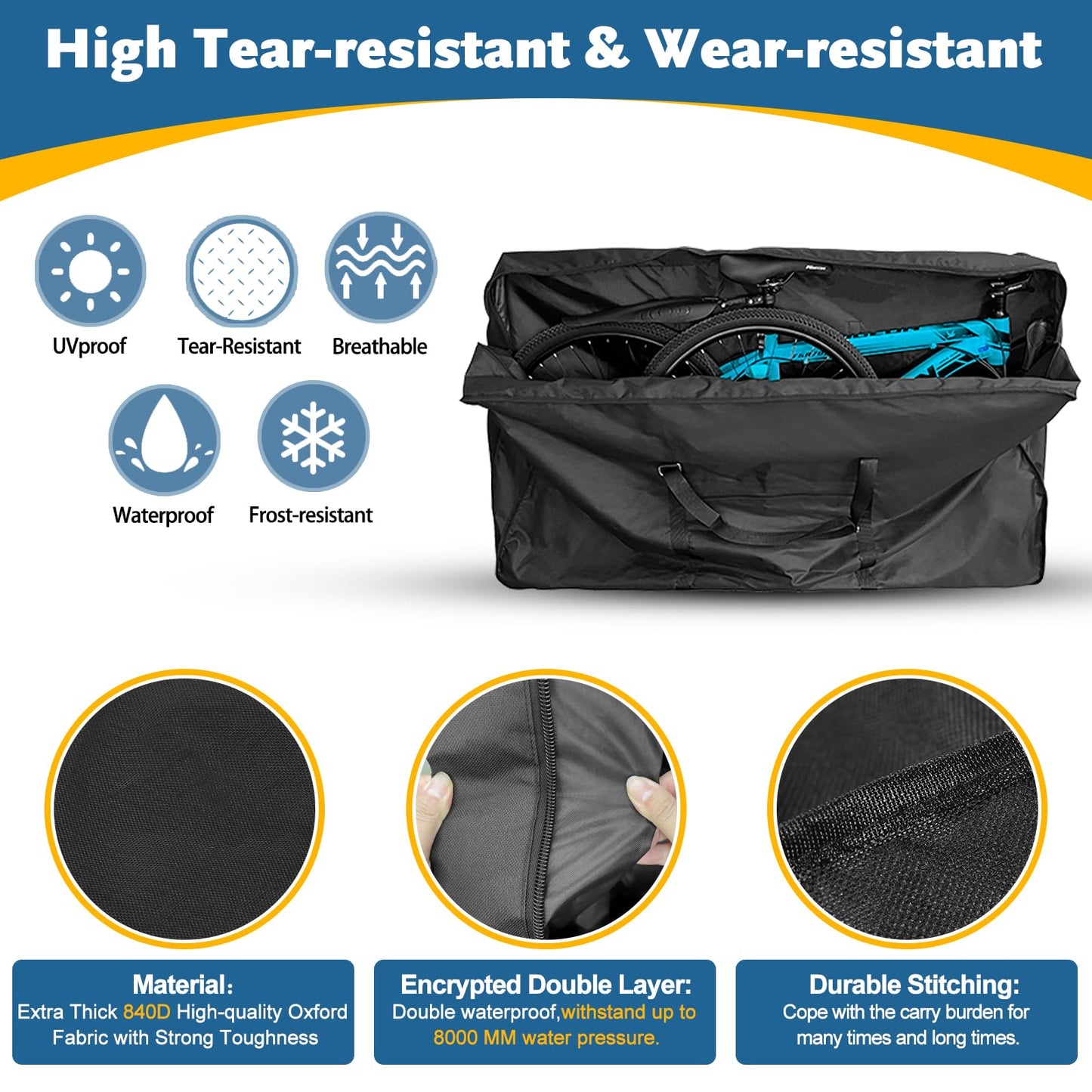 Folding Bike Travel Bag,Heavy Duty 840D Transport Bicycle Storage Carry Bag with Strong Webbing for 26-29 in Mountain 700C Road Bike MTB,Portable Folding Cycling Bags Waterproof for Airplane Shipping