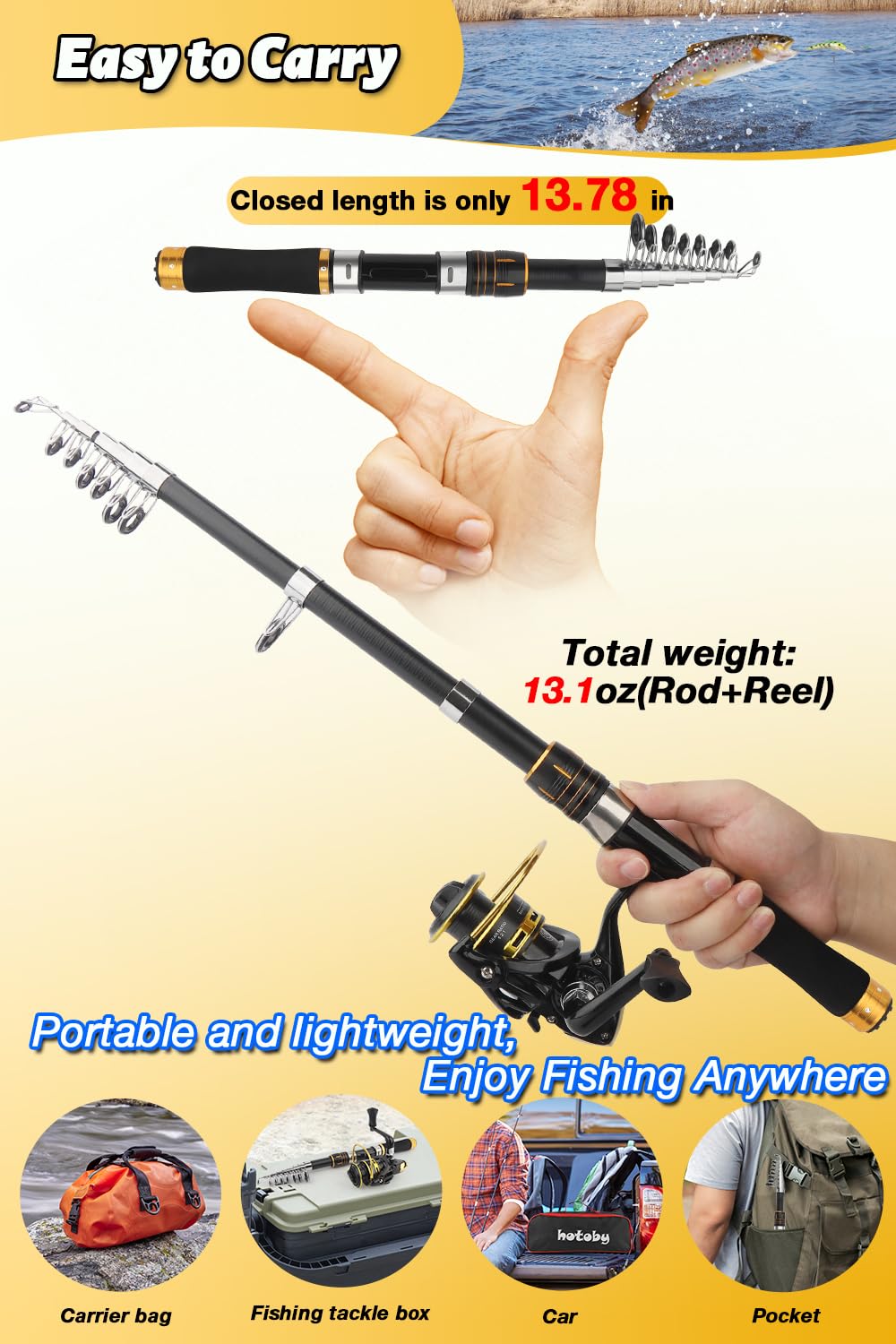 Fishing Pole Combo Set, 2PACK 6.89ft Fishing Rod and Reel Combo, Carbon Fiber Telescopic Fishing Rod Kit with Spinning Reel, Fishing Pliers, Lip Gripper, Line, Lures, Carrier Bag for Beginner Angler
