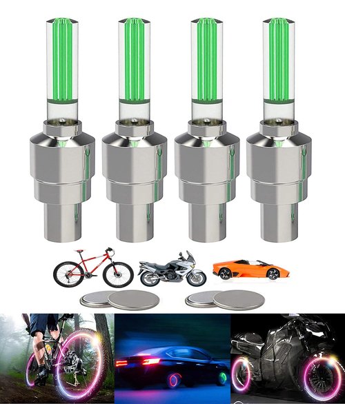 YUERWOVER 4 Pack LED Bike Wheel Stick Light Car Tire Valve Stem Cap Bicycle Motor Tyre Flash Light Reflector Accessories for Kids Men Women with 10 Extra Batteries(Green)