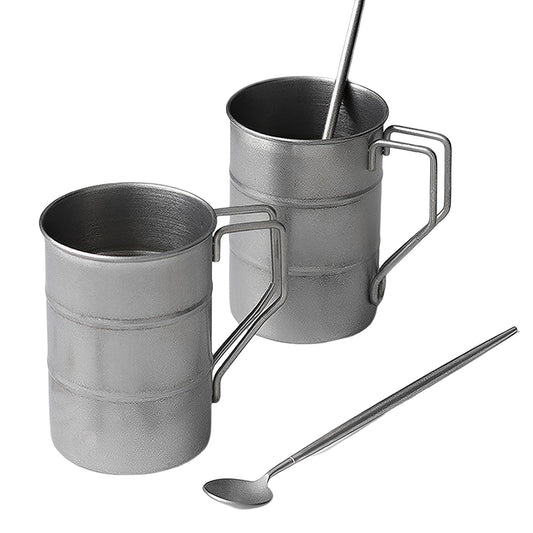 AGLSLYB 2Sets Vintage Lightweight Stainless Steel Camping Mugs 13oz/370ml With Spoon–Portable Coffee Tea Beer Cups For Hiking Backpacking Travel Outdoor Adventures