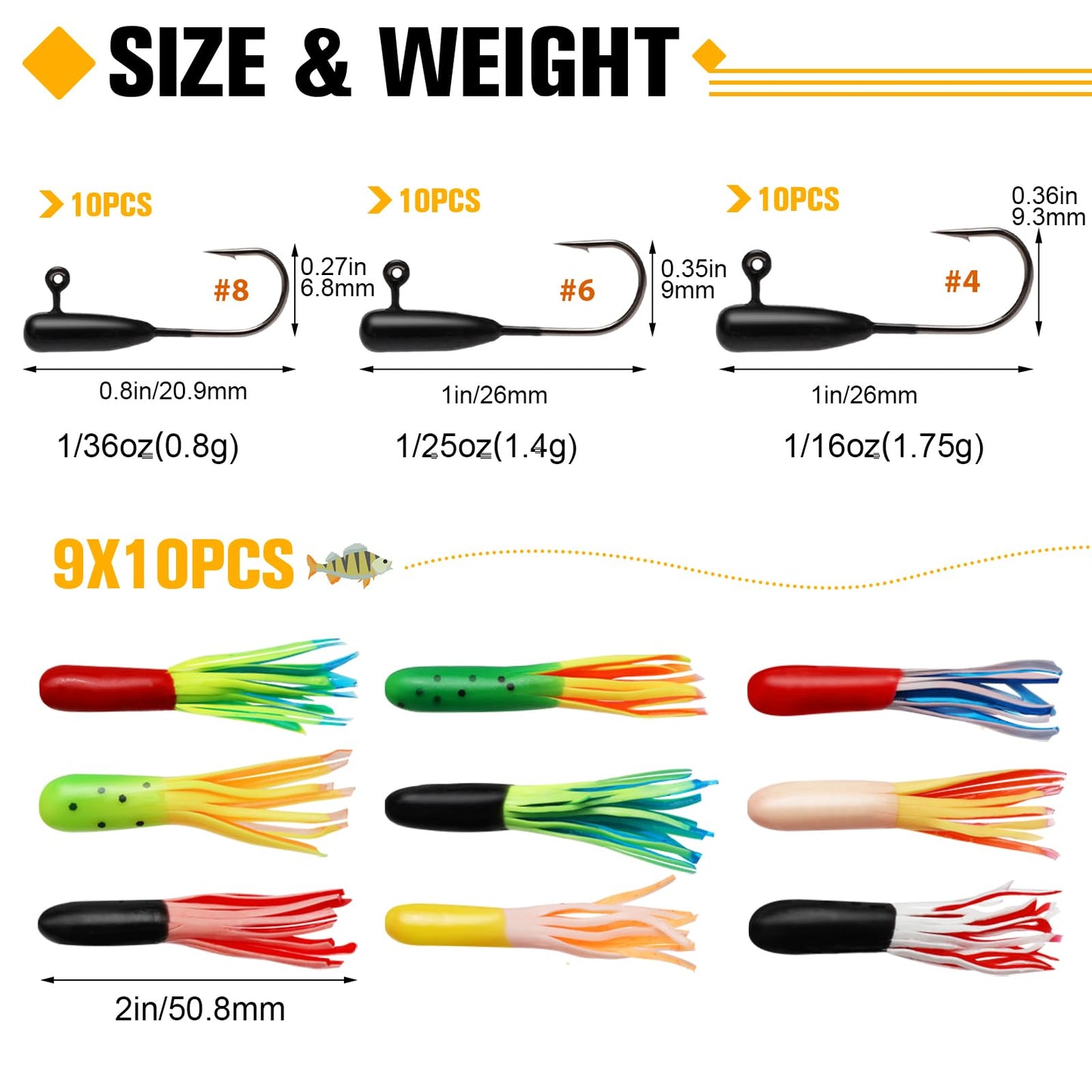 Dovesun 120pcs Tube Baits with Jig Heads Kit, Soft Plastic Tube Baits 90Pcs 1/32oz 1/25oz 1/16oz 30Pcs Tube Jigs Crappie Lures Kit for Walleye Trout Bass Crappie