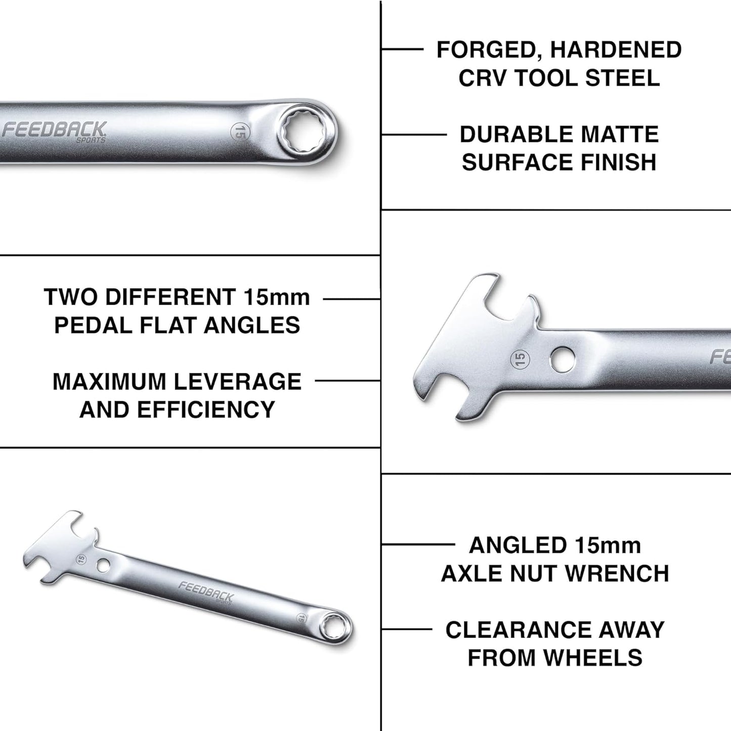 FEEDBACK SPORTS | Bicycle Pedal Wrench Combo | 2-in-1 Pedal & Axle Nut Tool | 15mm Angle Head, Closed Axle Nut Wrench | For Bike Maintenance & Repair