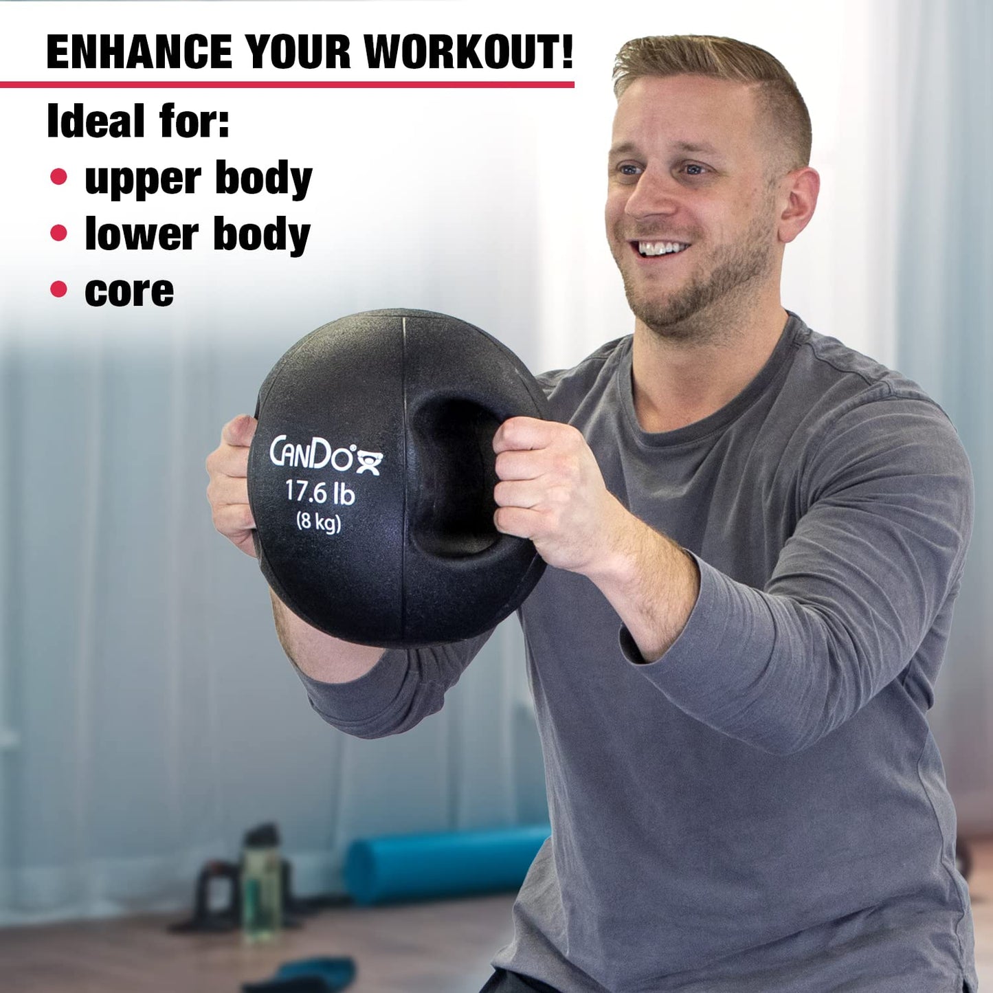 CanDo Molded Dual-Handle Medicine Ball for Strength Training, Core Workouts, Warmups, Cardio, and Plyometrics with Handles for Home and Clinic Use