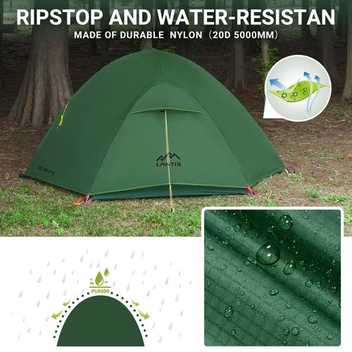 Lavitis 2 Person Lightweight Backpacking Tent,Ultralight Portable 20D Waterproof Nylon Tent for Camping，4.4LB 3 Season Backhiking with 7001 Aluminum Poles and V-Shaped Aluminum Floor Spike