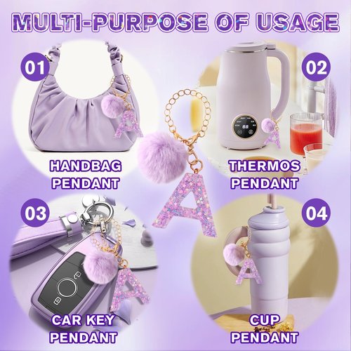 Rabrgab Letter Charm Accessories for Stanley Cup with Handle, Cute Initial Letter for Stanley Tumbler with Bling Charms Purple Pompom K