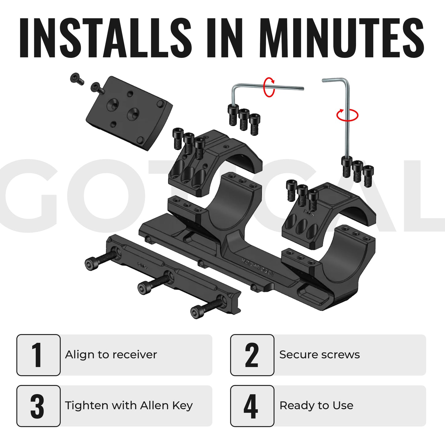 Gotical Tactical 34mm Tube 20MOA One Piece Ring Mount w/10:30, 12 o'clock, 1:30 Top Optic RMR Mount Plate, 1.57" Central Height, for 20mm Picatinny Rail